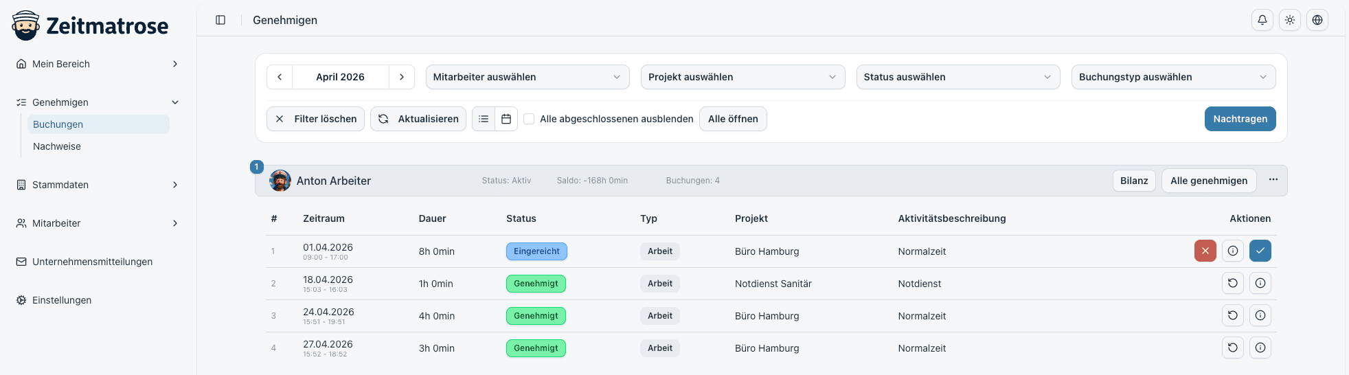 Freigaben in Zeitmatrose