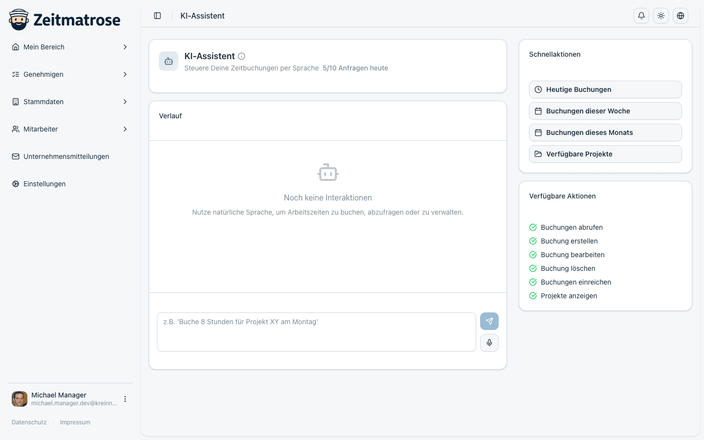 Screenshot: Matti KI-Assistent mit Chat-Interface und verfügbaren Aktionen