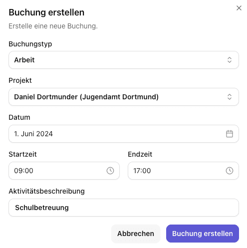 Screenshot: Buchungsmaske mit allen Buchungsarten