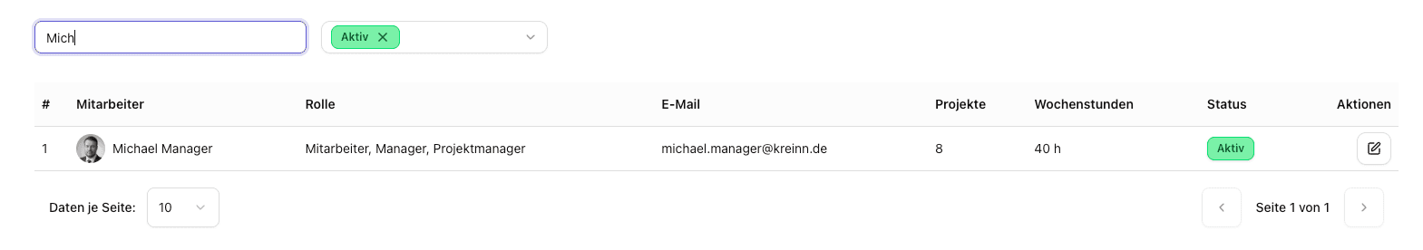 Screenshot: Mitarbeiterliste mit Filter und Suche
