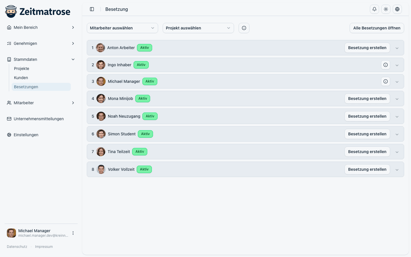 Screenshot: Besetzungsübersicht nach Mitarbeiter