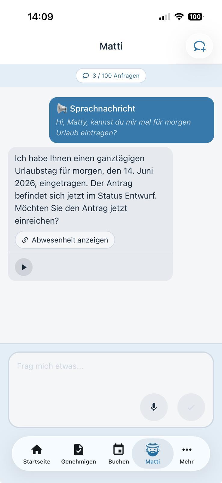 Matti, der KI-Assistent von Zeitmatrose, im Chat