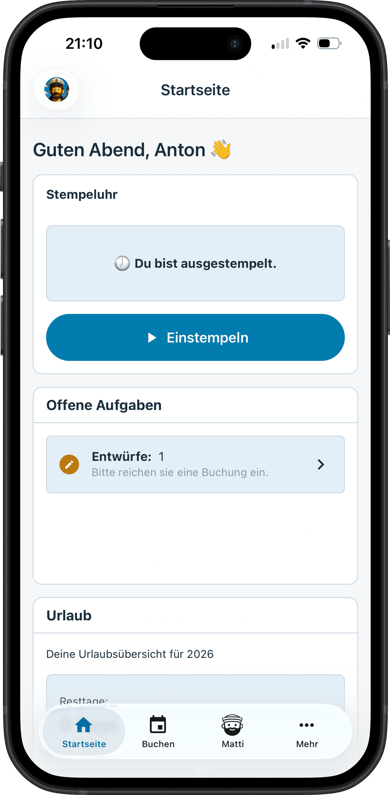 Zeitmatrose App – Startseite