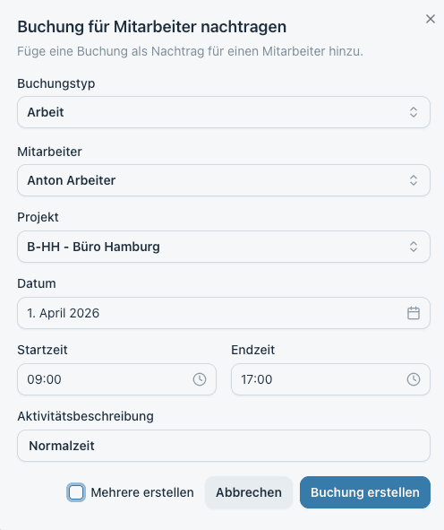 Buchungsmaske mit allen Buchungsarten