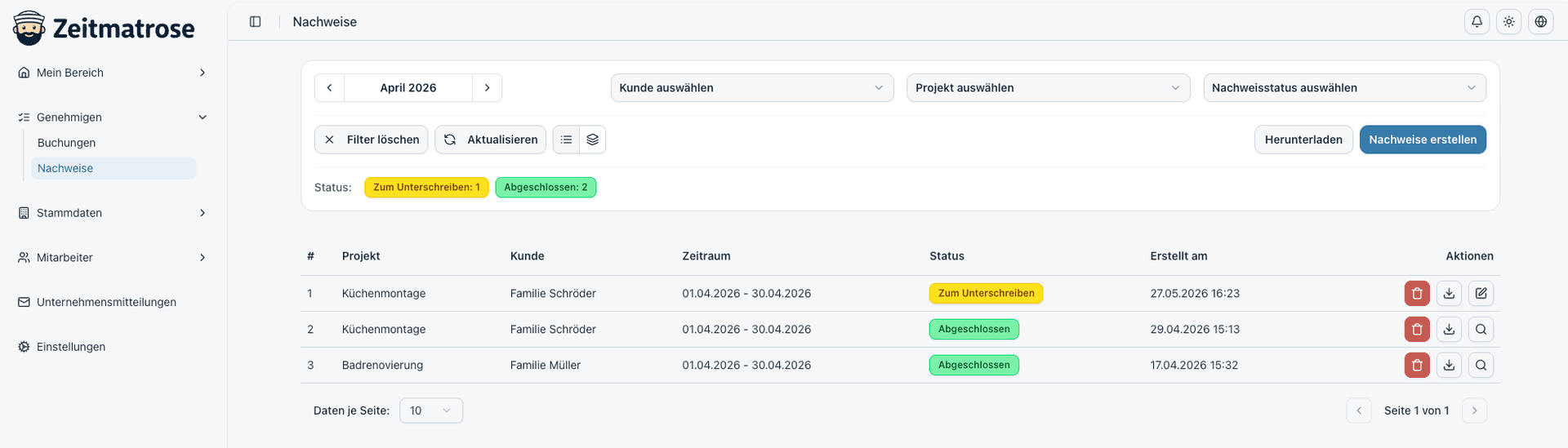 Screenshot: Nachweisliste mit Status
