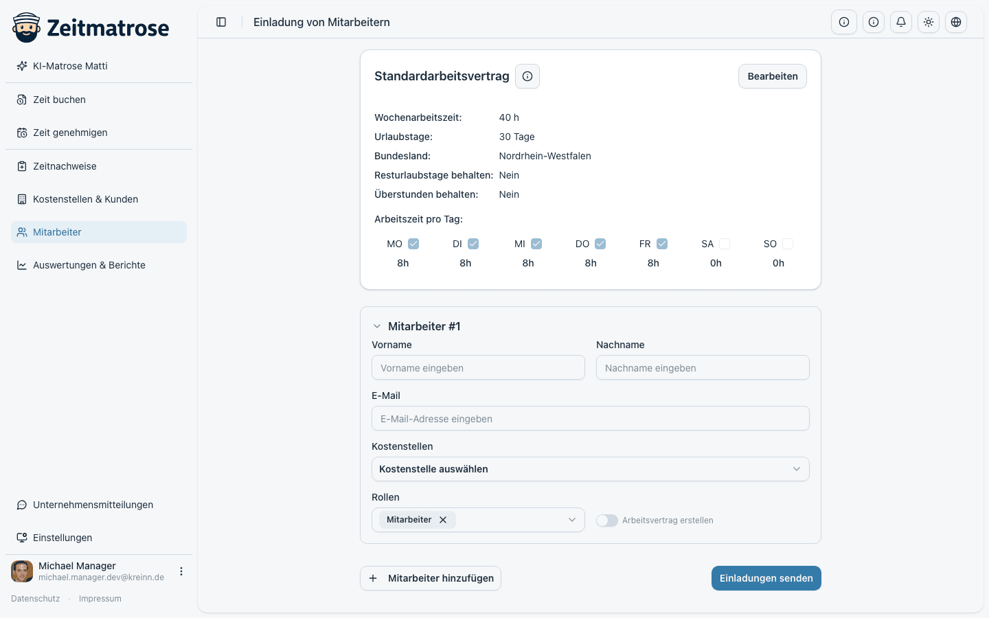 Screenshot: Mehrere Mitarbeitende gleichzeitig einladen, inklusive Arbeitsvertrag