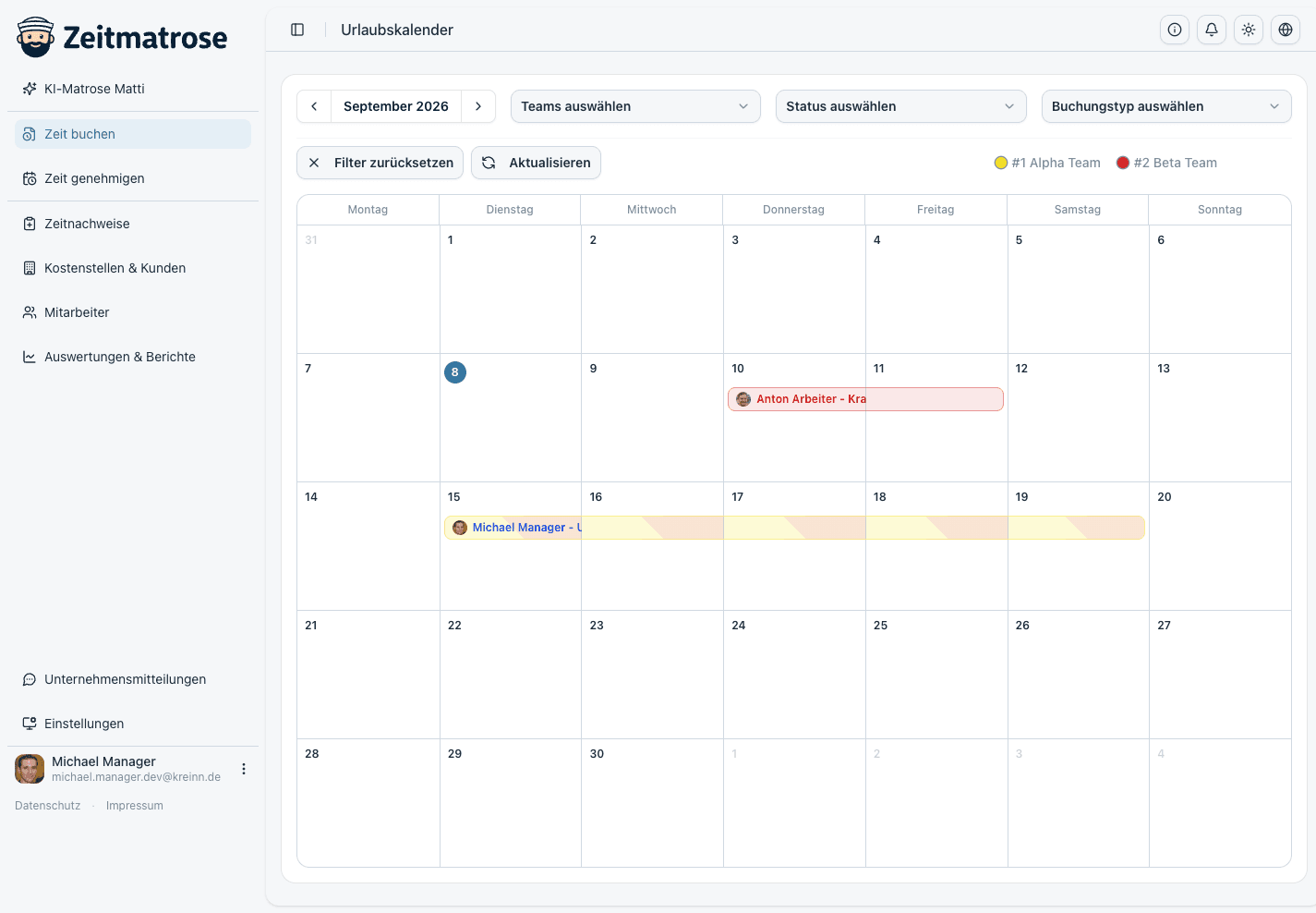 Screenshot: Urlaubskalender mit Team-Filtern